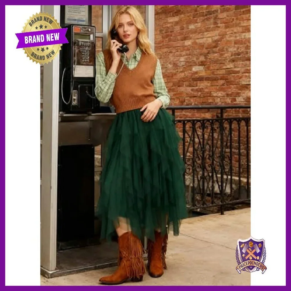 Women's Tulle A-Line Skirt Midi Length Elastic Waist Fairy Tiered - Picture 3 of 8